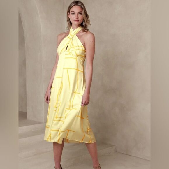 NWT Banana Republic Yellow Lotus Halter SL Wrap Satin Flowy Midi Dress Size 6 - Picture 1 of 10